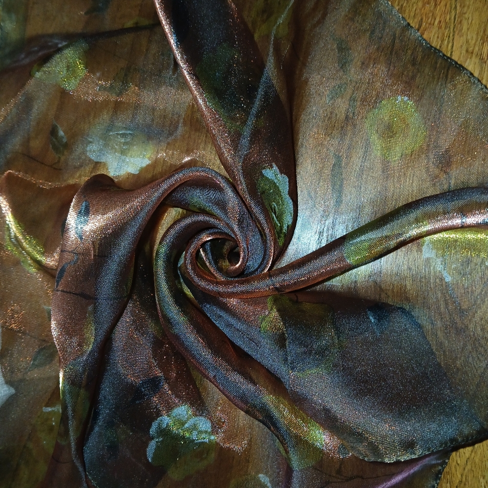 Vintage seventies 20x22 bronze green and gold floral silk chiffon scarf